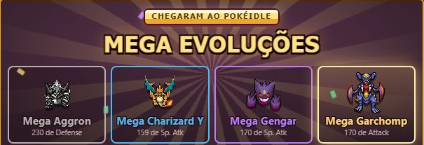 Pokéidle.io Mega Evolution update promotional artwork with Mega Aggron, Mega Charizard Y, Mega Gengar and Mega Garchomp.