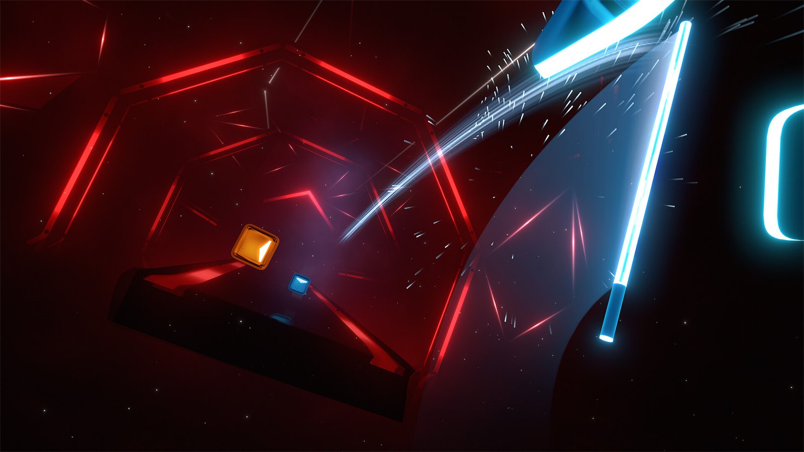 Blocos vermelhos e azuis com setas e sabres luminosos em movimento em Beat Saber