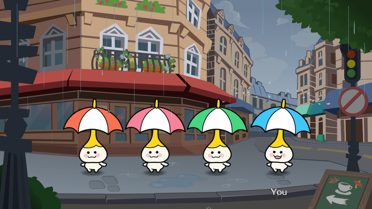 Umbrella-carrying characters in a music minigame from Rhythm Heaven Groove.