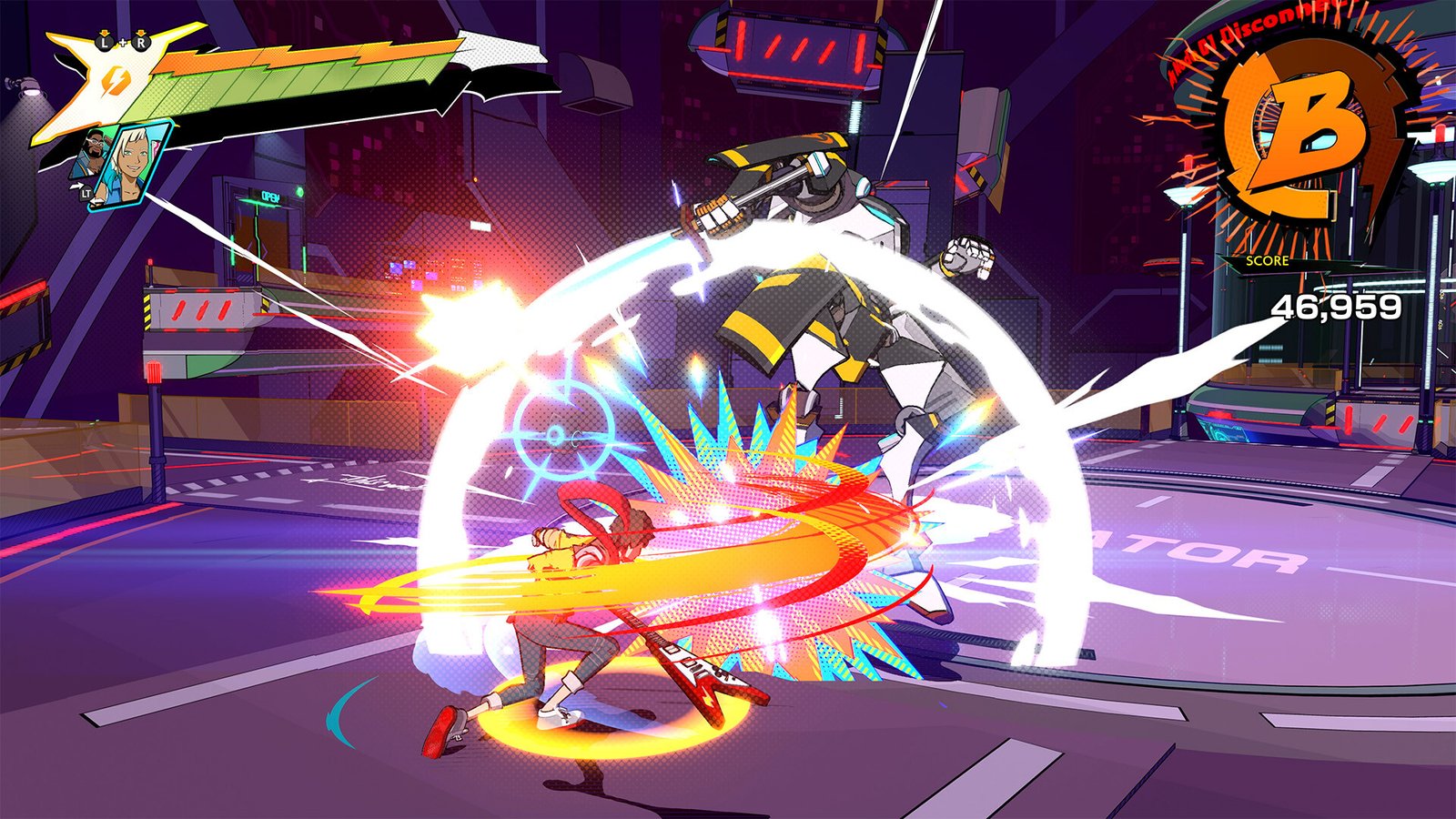 Chai striking a robot amid colorful combat effects in Hi-Fi Rush.