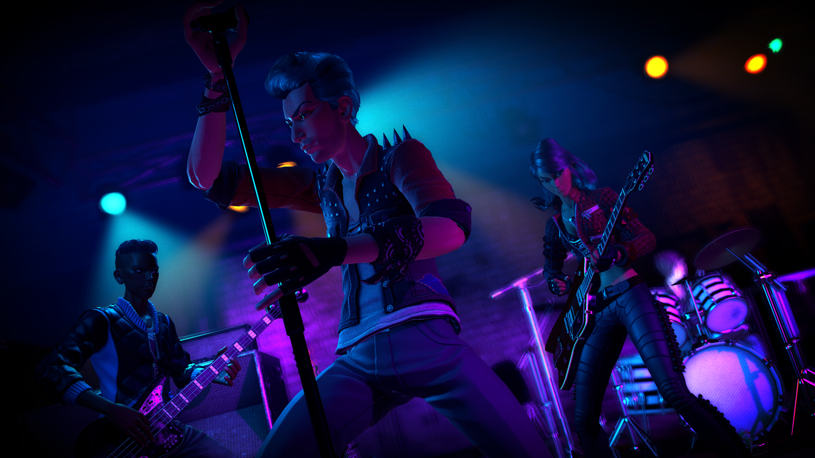 Vocalist and band members performing together on stage in Rock Band 4.