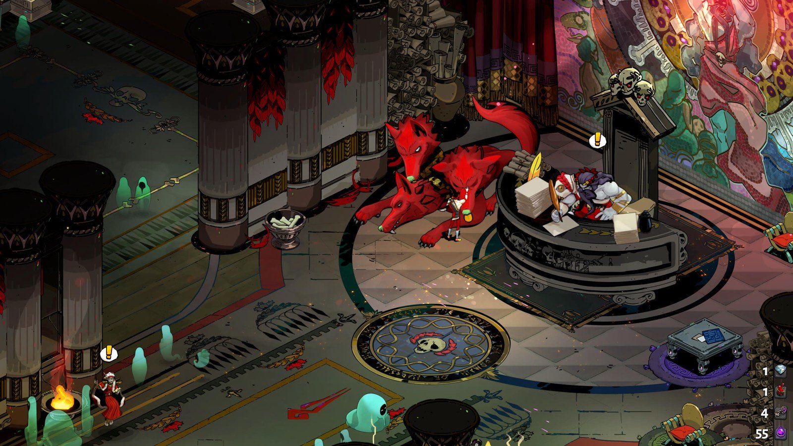 Zagreus no House of Hades, diante de Hades e Cérbero