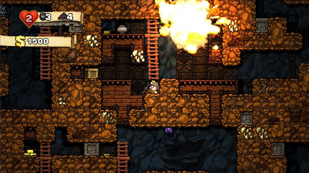 Explorador atravessa uma caverna de Spelunky com plataformas, armadilhas e explosões