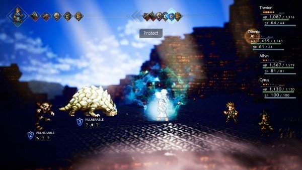 Interfaz de combate de Octopath Traveler (2018), con equipo, escudos, debilidades y orden de actuación.