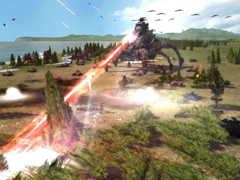 Large Supreme Commander war machine firing an energy beam during battle.
