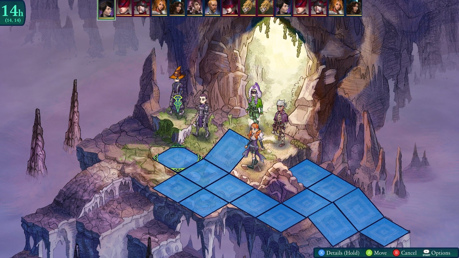 Characters standing on stone platforms outside a cave with a blue movement area in Fell Seal: Arbiter’s Mark.