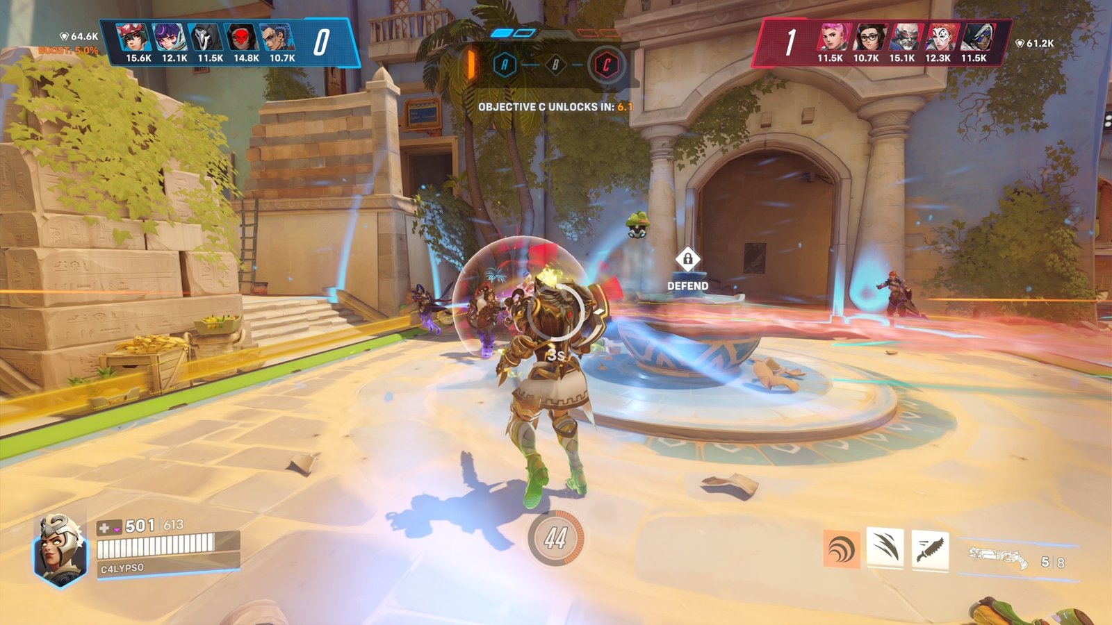 Third-person combat in Overwatch Stadium mode with the match interface visible.