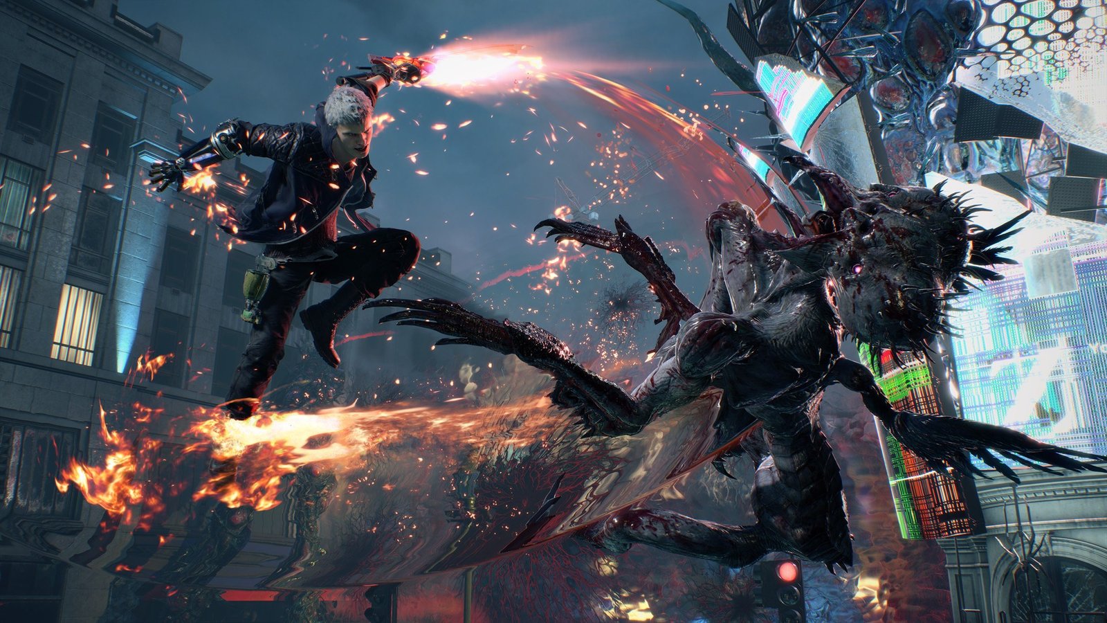Personagem de Devil May Cry 5 ataca um demônio em uma rua, com lâminas e efeitos de fogo no confronto.