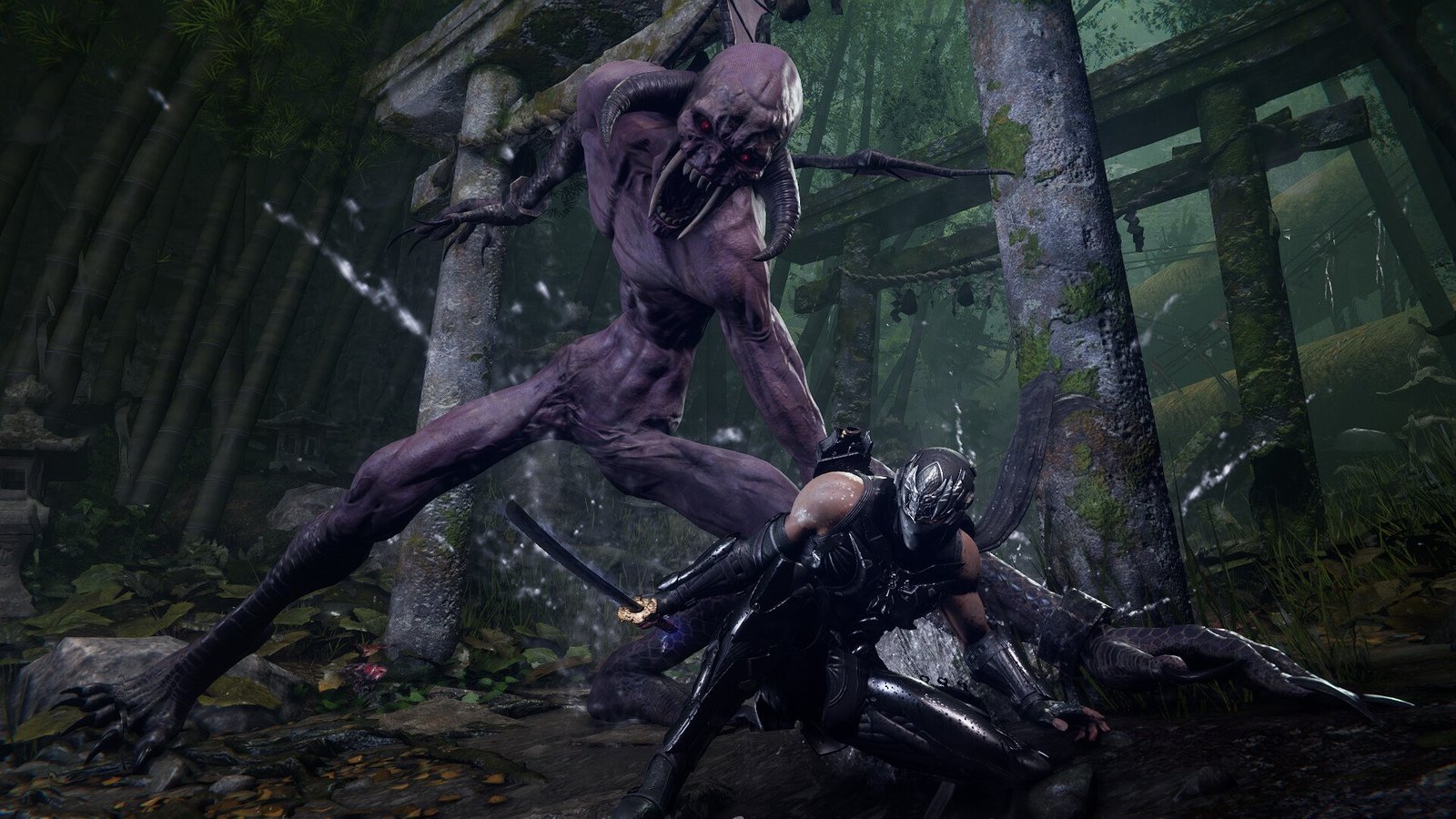 Ninja Gaiden 4 ninja fighting a large-armed creature in an overgrown environment.