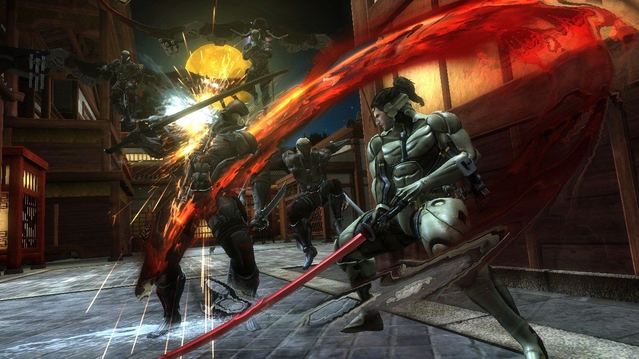 Raiden attacking an enemy with a sword amid glowing slash trails in Metal Gear Rising: Revengeance.