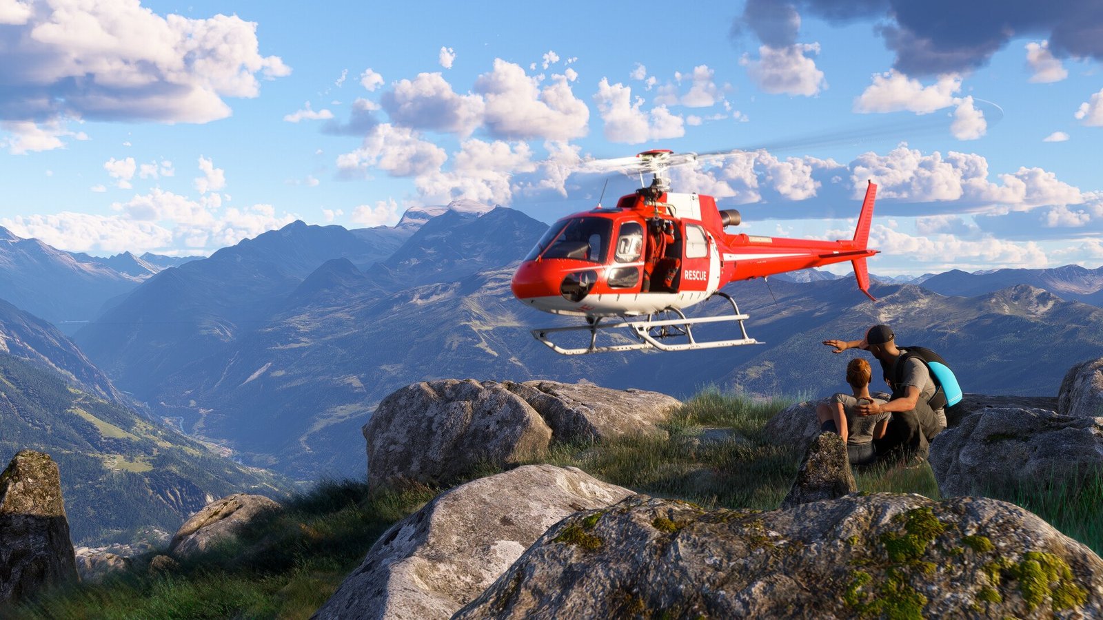 Helicóptero de Microsoft Flight Simulator 2024 paira próximo a pessoas sobre rochas, diante de uma paisagem montanhosa.