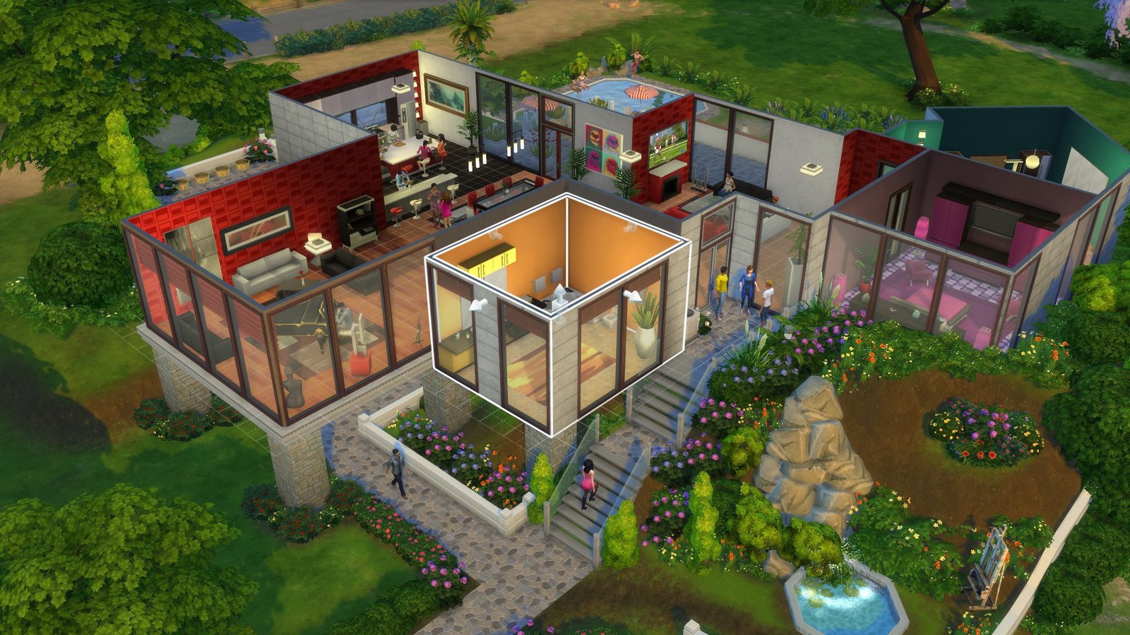 Casa de The Sims 4 vista com paredes parcialmente ocultas, revelando cômodos mobiliados, jardim e uma área externa.