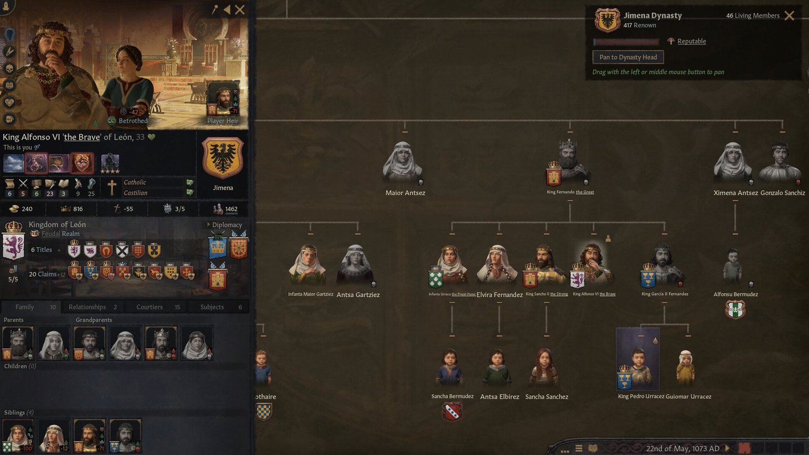 Crusader Kings III dynasty interface with a ruler portrait and family tree of character portraits.