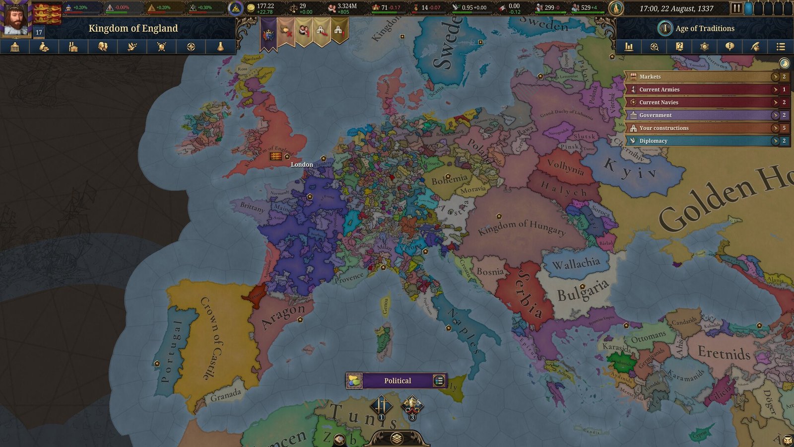 Political map of Europe in Europa Universalis V, with countries, colored borders, and administrative indicators.