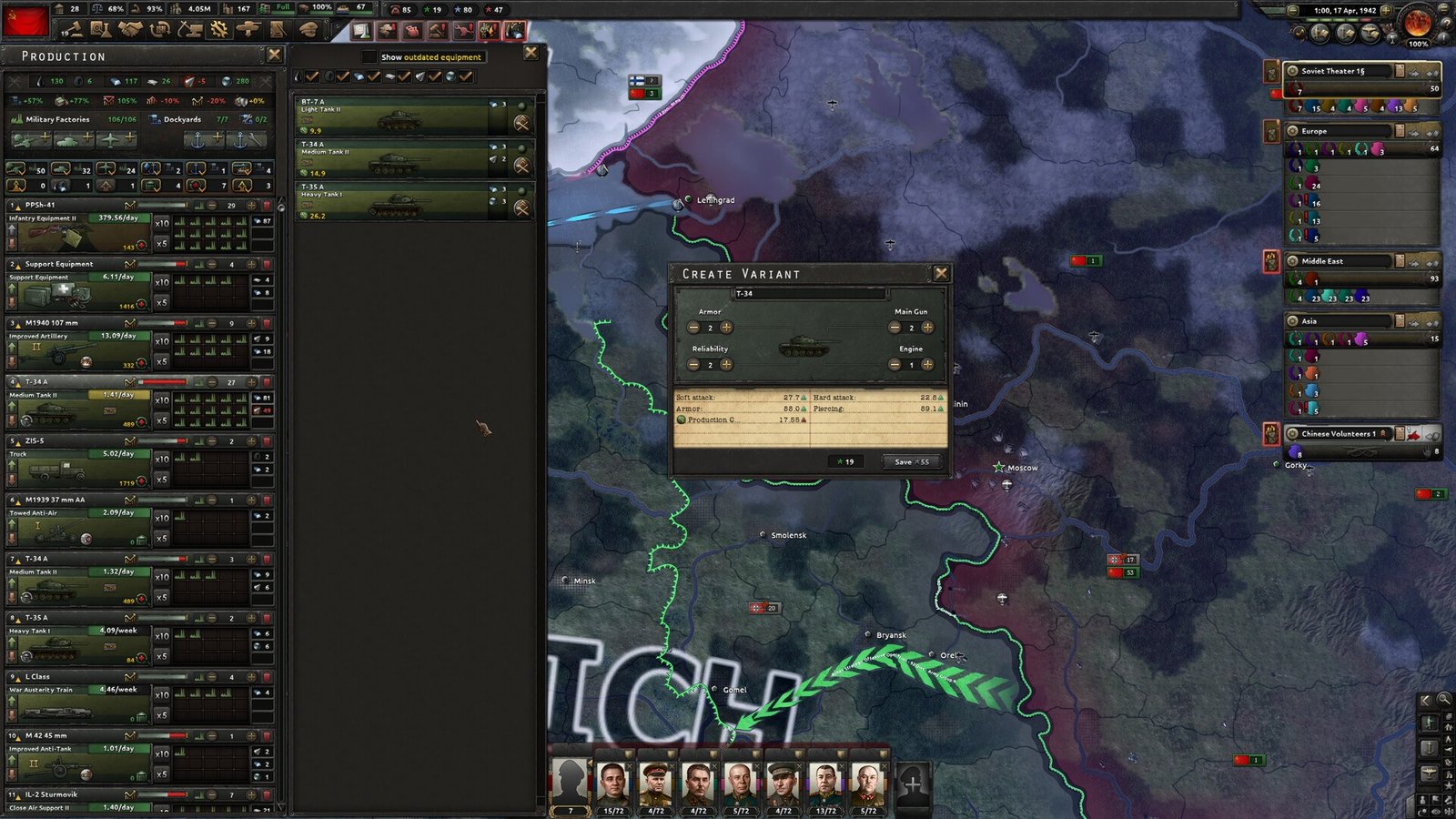 Hearts of Iron IV military map displaying divisions, front lines, and battle-plan arrows.