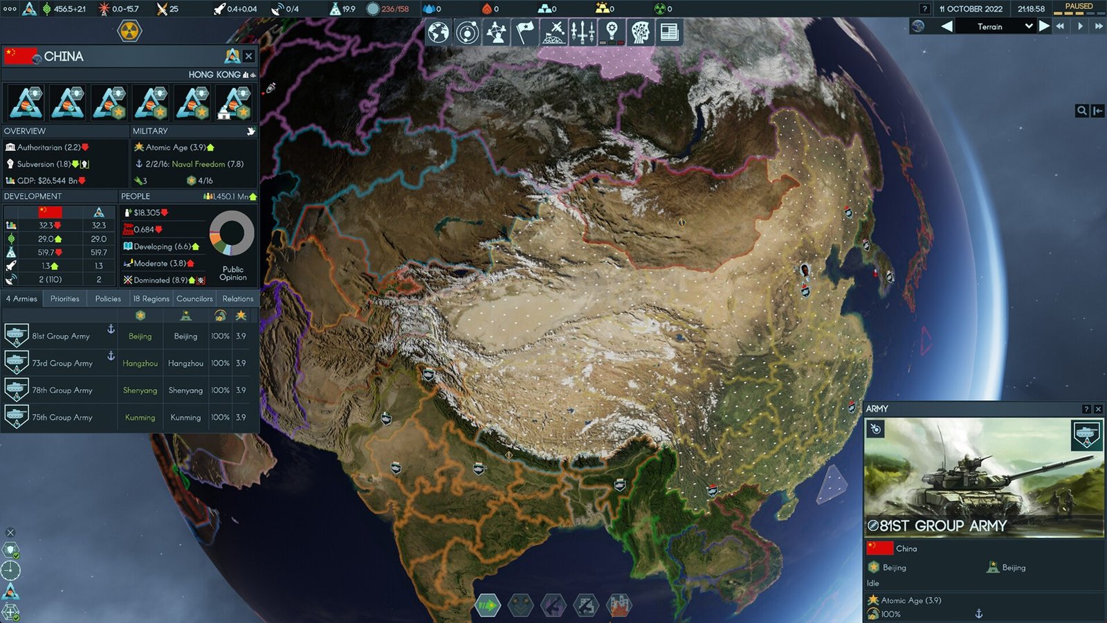 Terra Invicta globe interface showing borders across Asia, military forces, and management panels.
