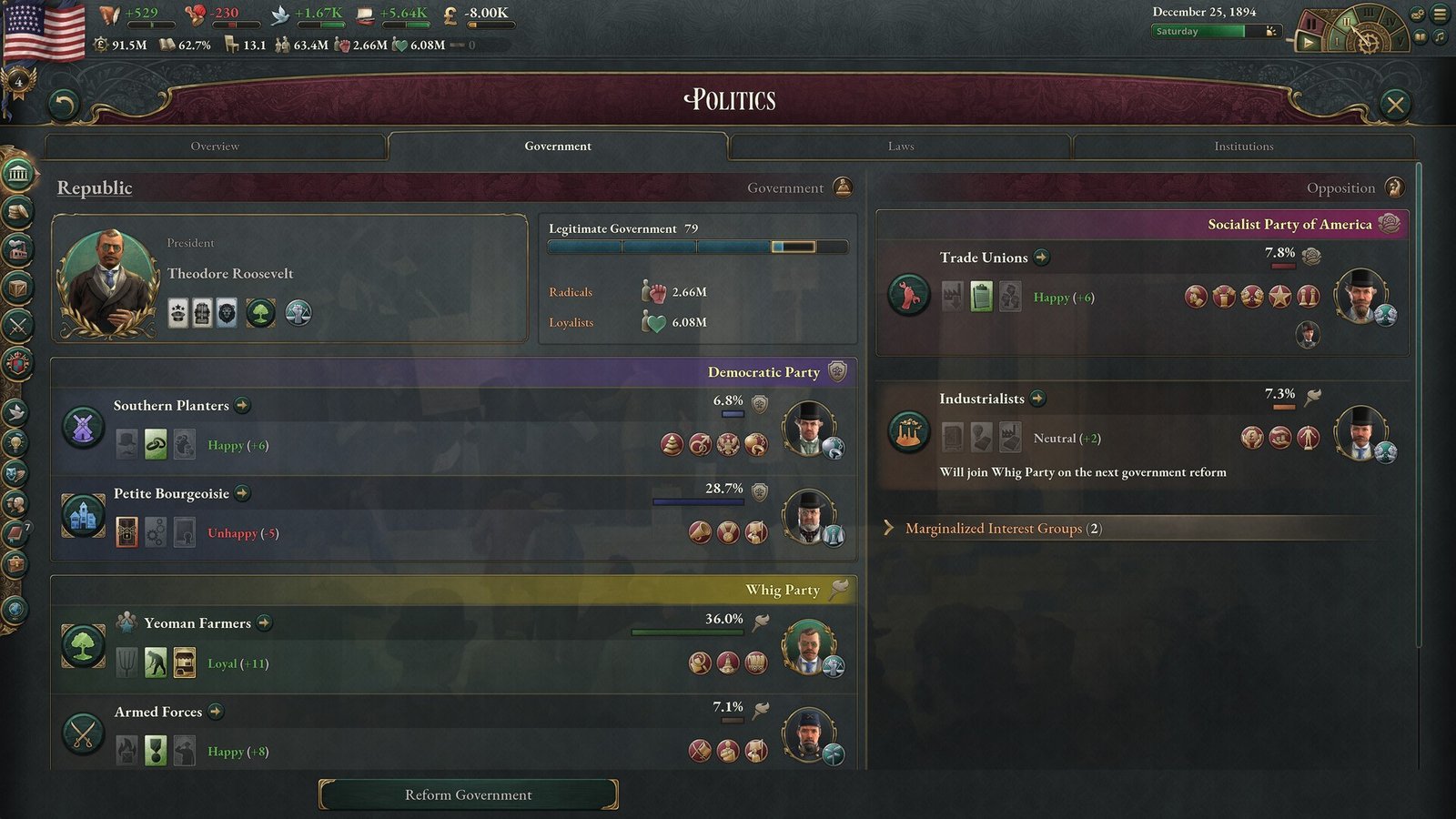 Victoria 3 politics screen displaying interest groups, their leaders, and influence indicators.