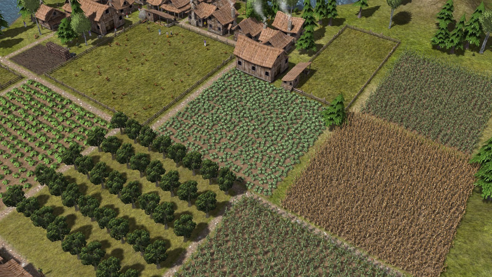 Banished rural settlement with farm fields, an orchard, houses, and paths.