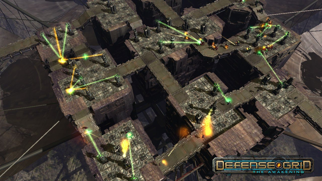 Science-fiction towers on raised platforms firing at enemies along the routes in Defense Grid: The Awakening.