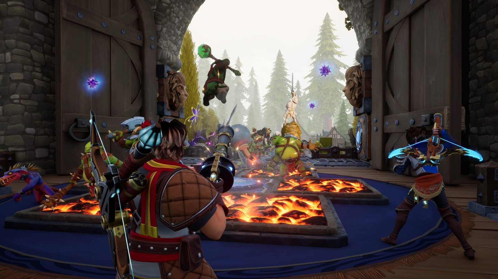 A character from Orcs Must Die! Deathtrap attacks a horde crossing glowing floor traps inside a fortress.