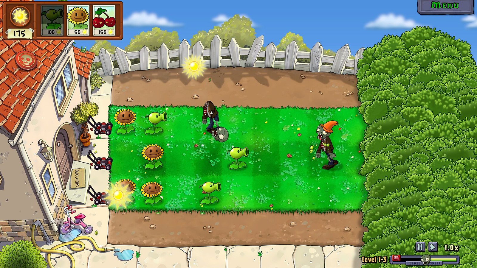 Sunflowers, attacking plants, and zombies arranged across garden lanes in Plants vs. Zombies: Replanted.