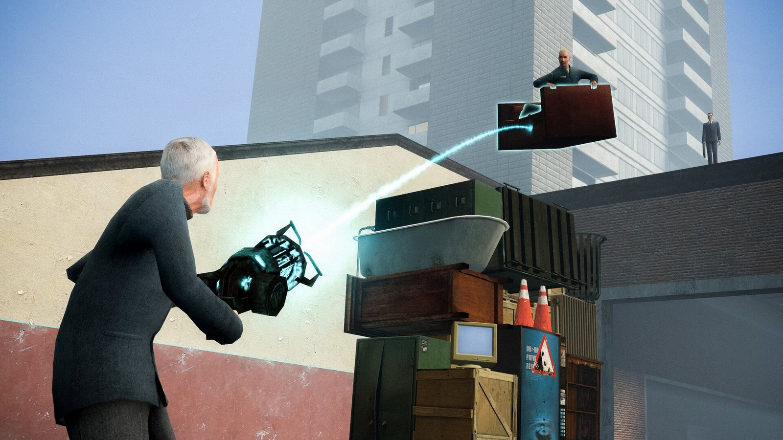 Garry’s Mod character using a physics tool to suspend stacked objects outside a building.