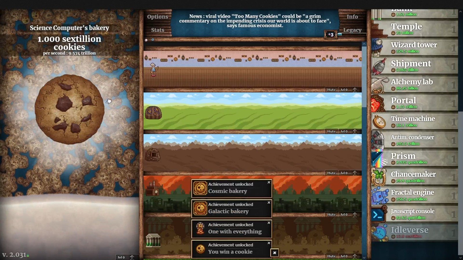 Cookie Clicker interface showing a large cookie on the left, production buildings and achievements in the center, and the building store on the right.