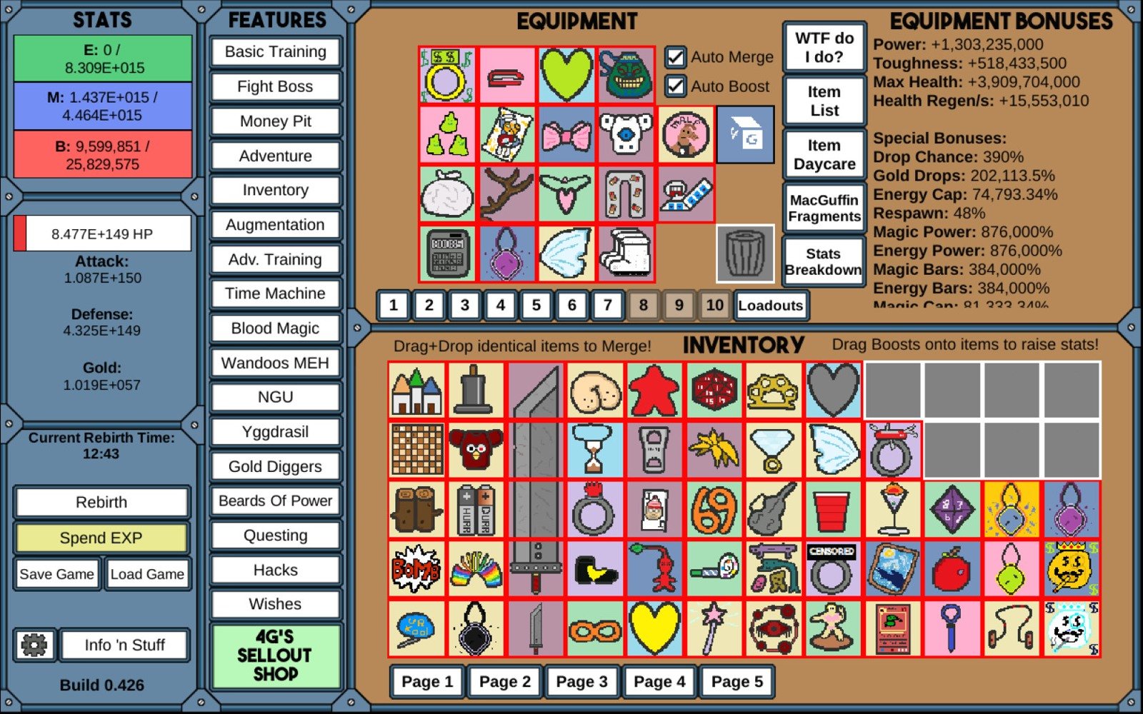 NGU IDLE inventory and equipment interface alongside energy, magic counters and a menu of different activities.