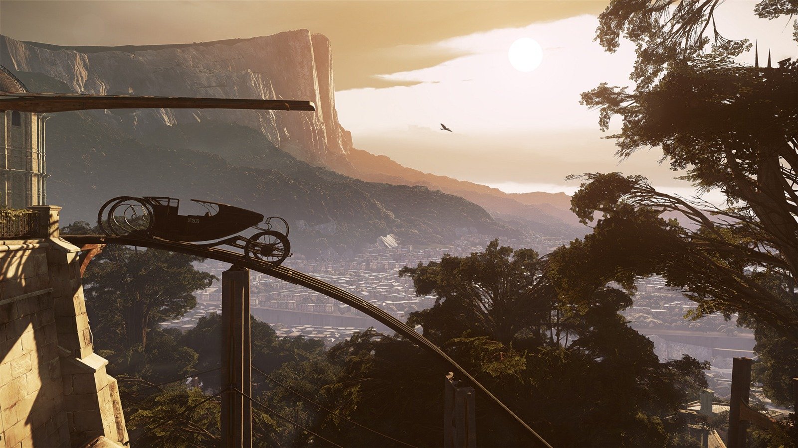 First-person crossbow view toward the buildings and elevated structures of Karnaca in Dishonored 2.