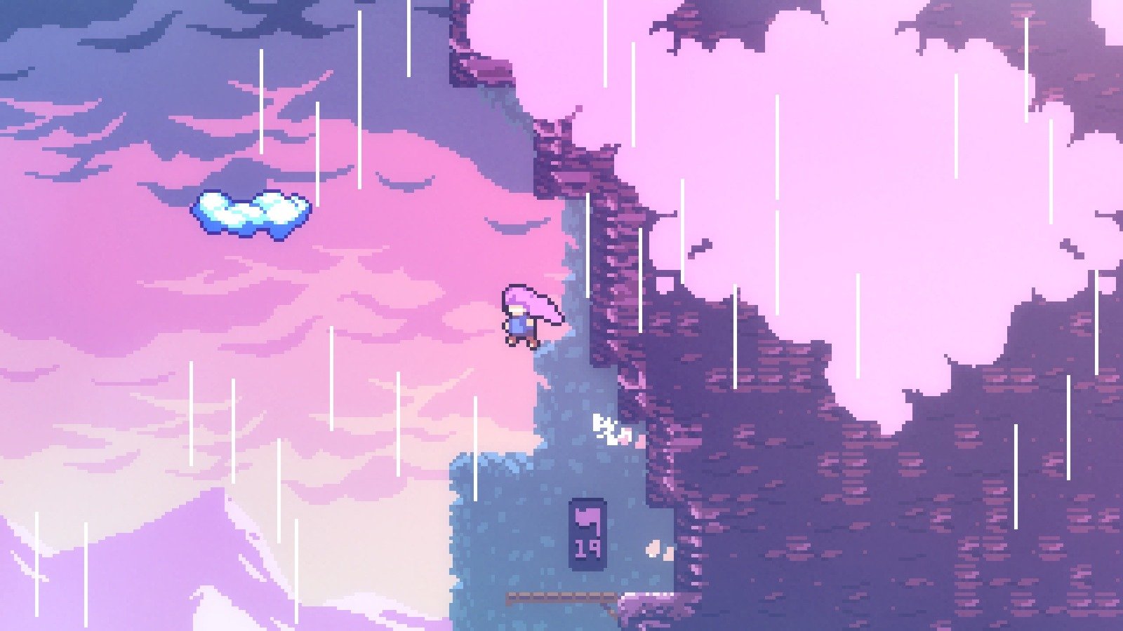 Madeline dashing through the air near walls and clouds in a pink Celeste environment.