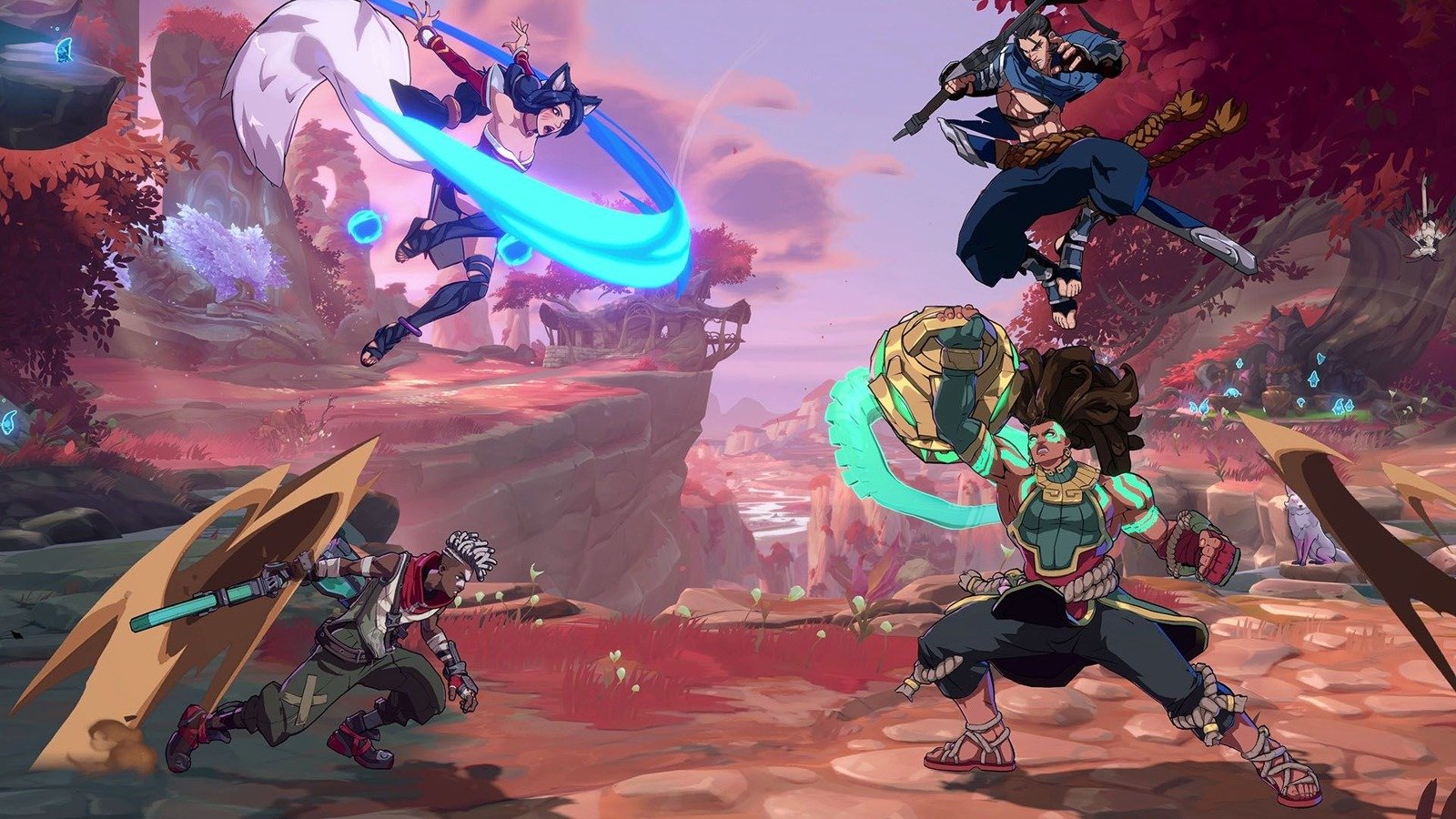 Ahri and Yasuo attack while Darius and Illaoi stand on the other side of a 2XKO arena.