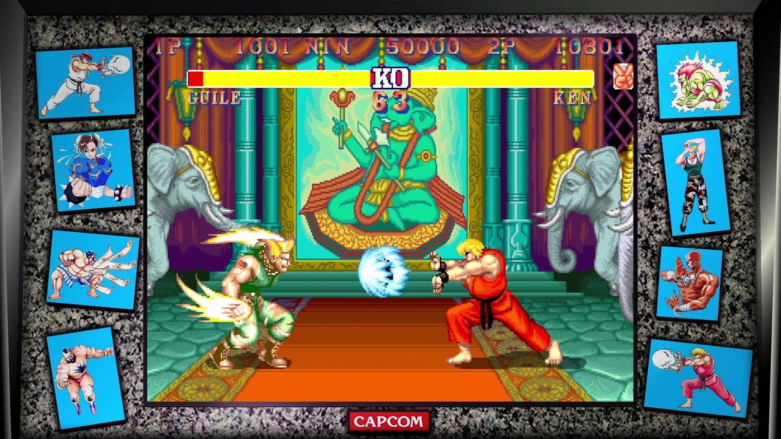 Guile and Ryu fight with health bars and portraits of eight fighters in Street Fighter II.