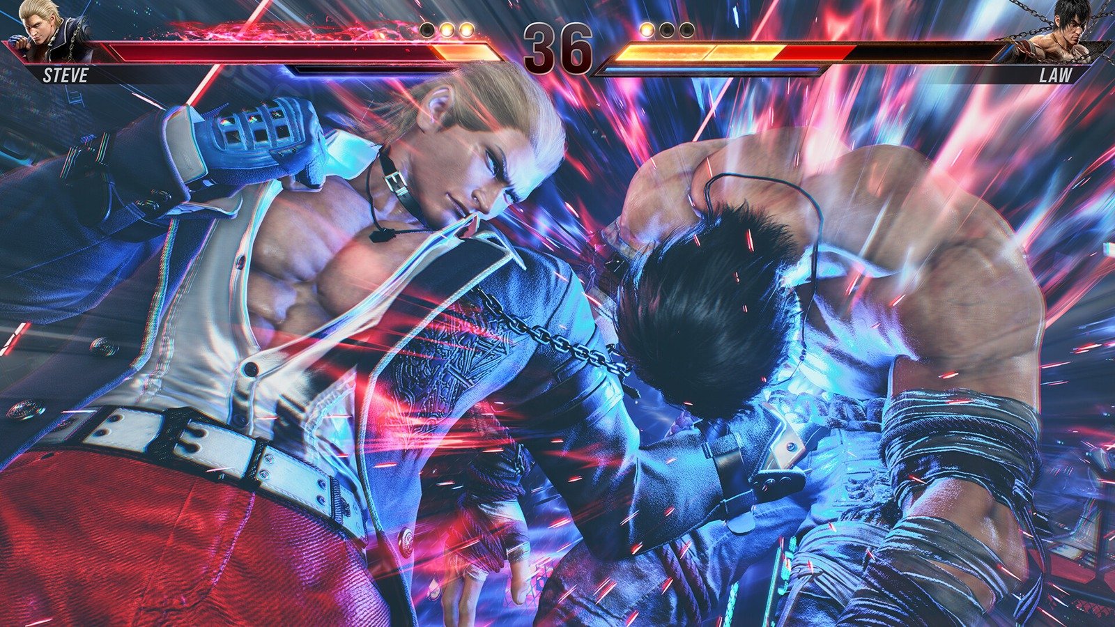 Steve punches Law in Tekken 8 with health bars and the timer visible.
