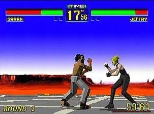 Sarah and Jeffry fight on a flat stage in the original Virtua Fighter arcade game.
