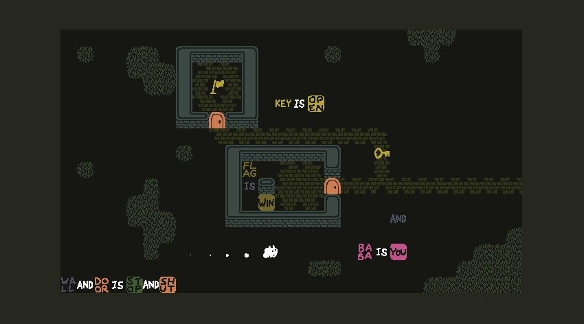 Baba, objects, walls, and word blocks share a level in Baba Is You.