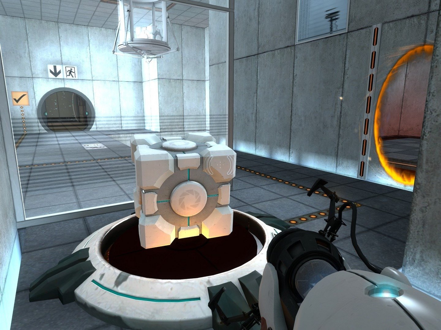 A cube resting on a button appears between blue and orange portals in a Portal chamber.