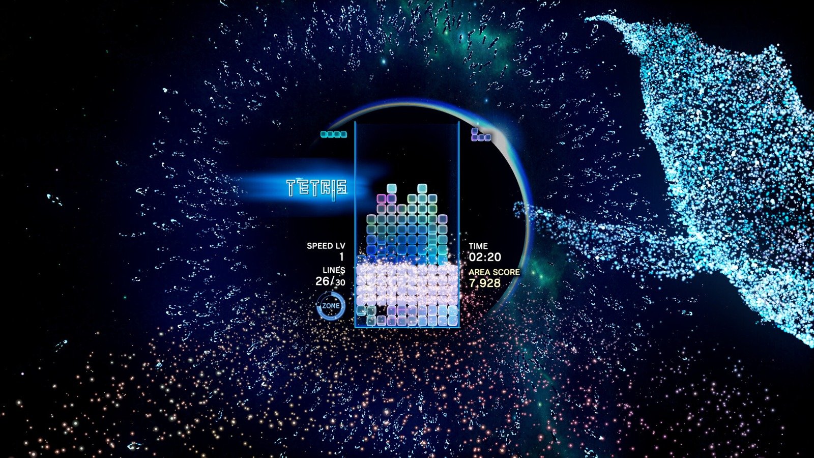 Tetrominoes fill a central playfield surrounded by glowing effects in Tetris Effect: Connected.