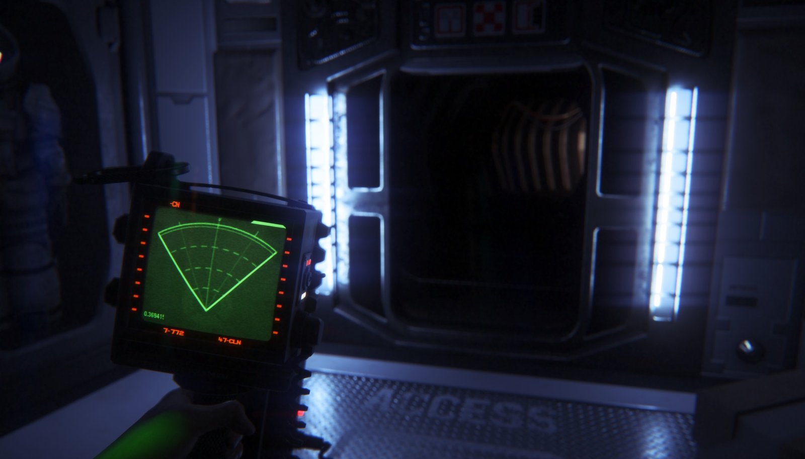 Motion tracker displaying signals in a dark corridor in Alien: Isolation.