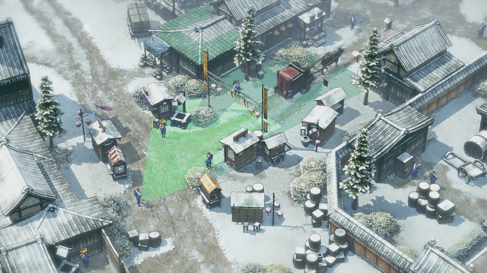 Team and guards on snow with a green vision cone in Shadow Tactics.