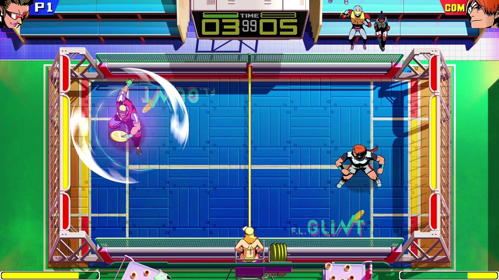 Dos deportistas disputando un disco en una cancha de Windjammers 2.