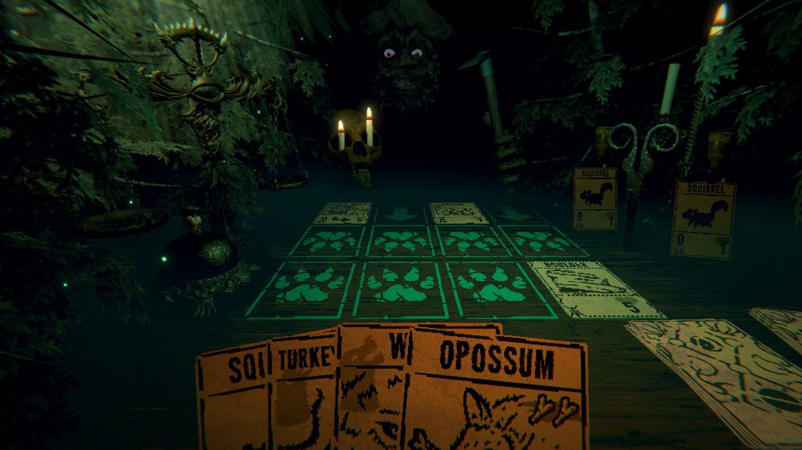 Early Inscryption scene showing the game table and a hand of cards.