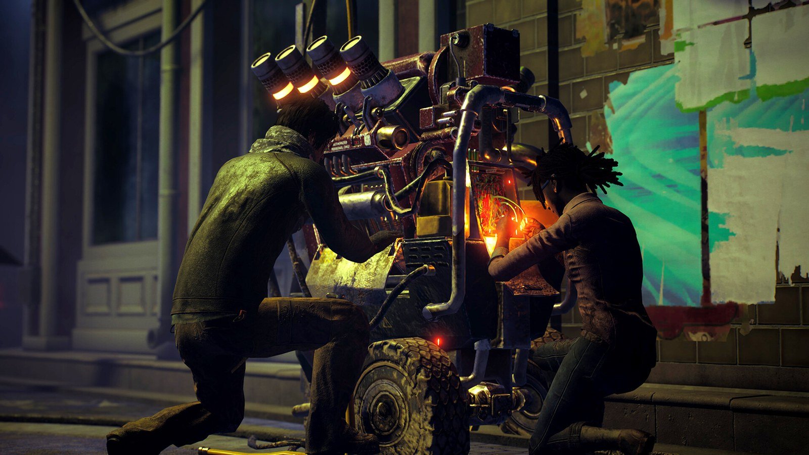 Two survivors work on a generator in Dead by Daylight.