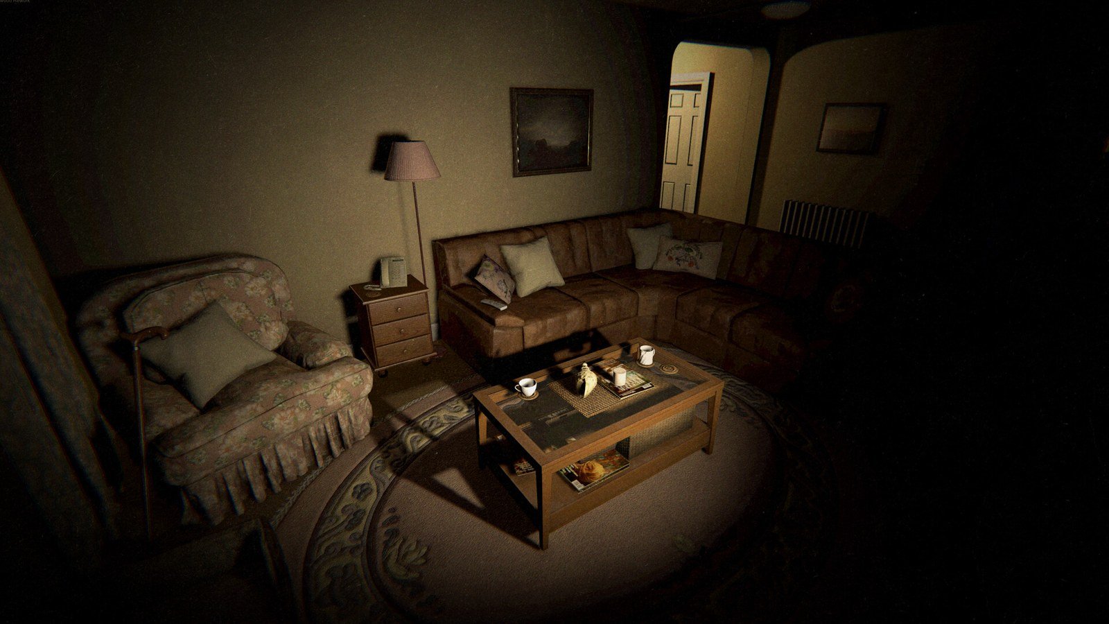 Flashlight beam illuminates a living room with sofas in Phasmophobia.