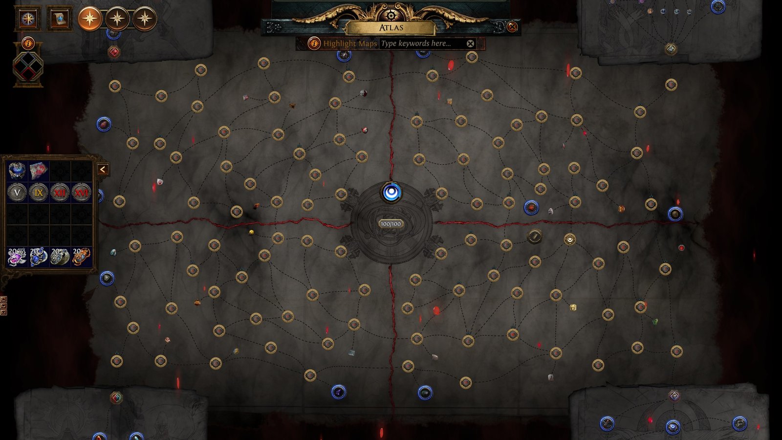 Redesigned Path of Exile Atlas with a central hub, connected paths, and four quadrants.