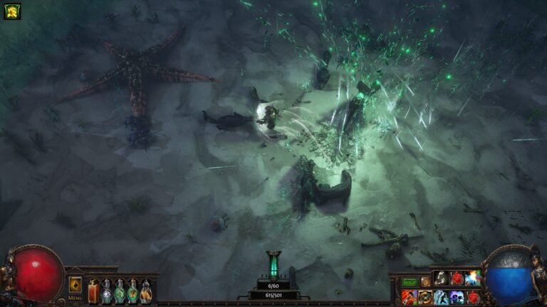 Personagem de Path of Exile diante de inimigos e um grande efeito verde de combate, com frascos e habilidades no HUD.